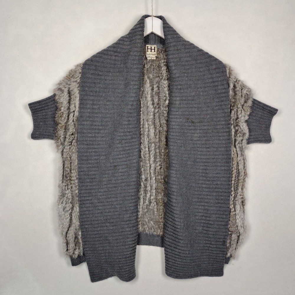 Haute Hippie Grey Fur Trim Ribbed Knit Open Front Cardigan XS/S